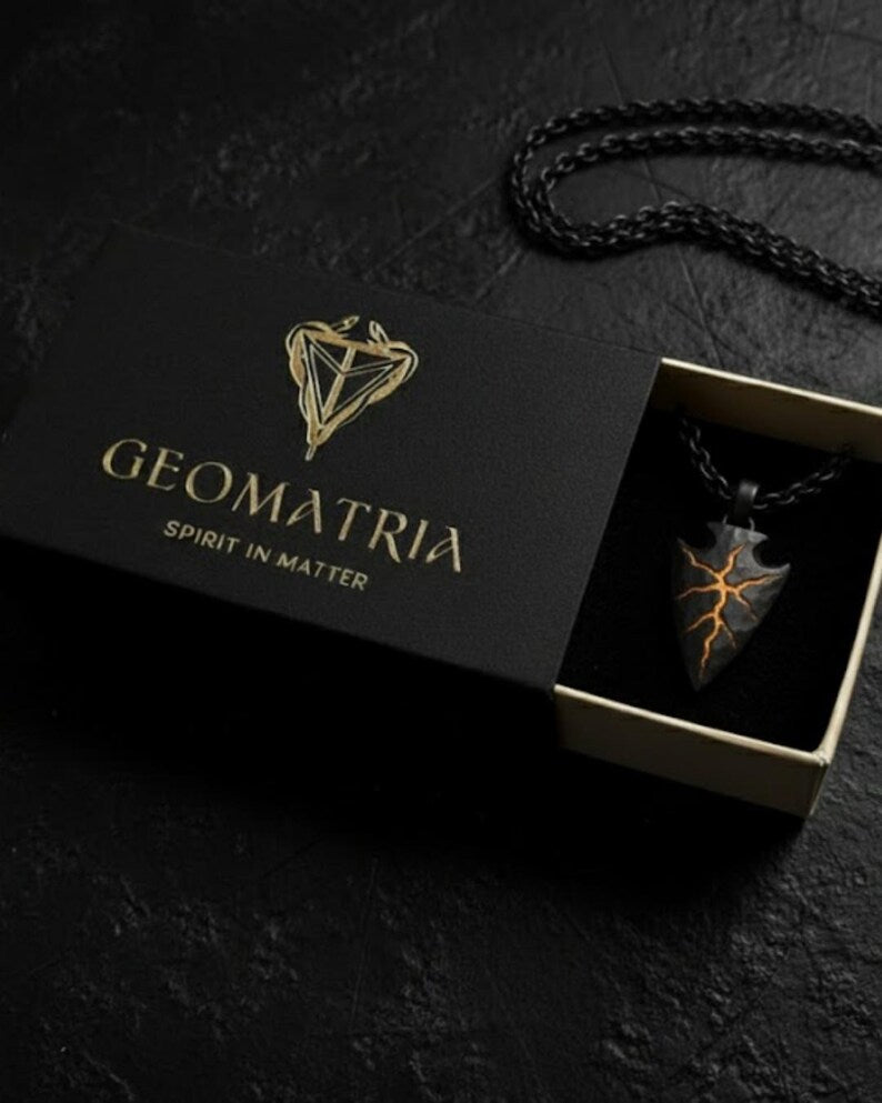 A black box with a gold logo and the text "Geomatria" on it, along with a necklace pendant inside the box.
