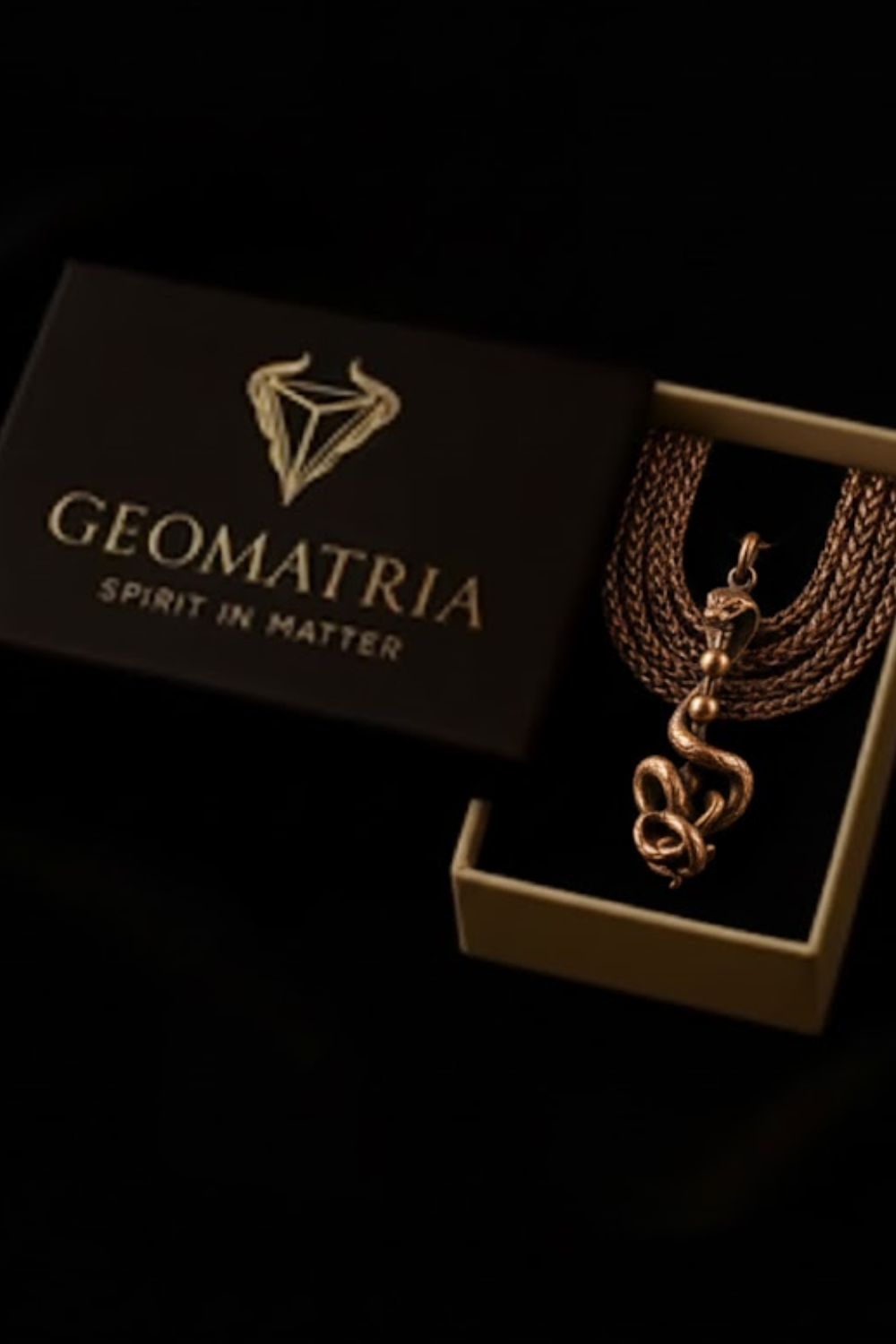 A gold necklace with a snake pendant is displayed in a black box with the text "Geomatria" and "SPIRIT IN MATTERS" printed on it.