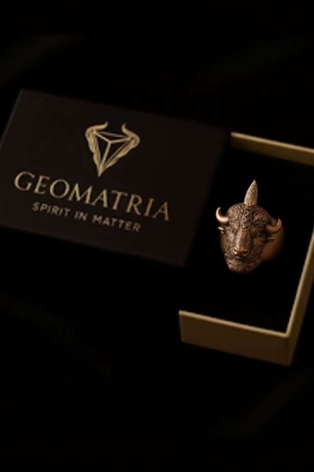A black box with a gold logo and text, and a gold-colored metal ring with a bull's head design placed inside the box.
