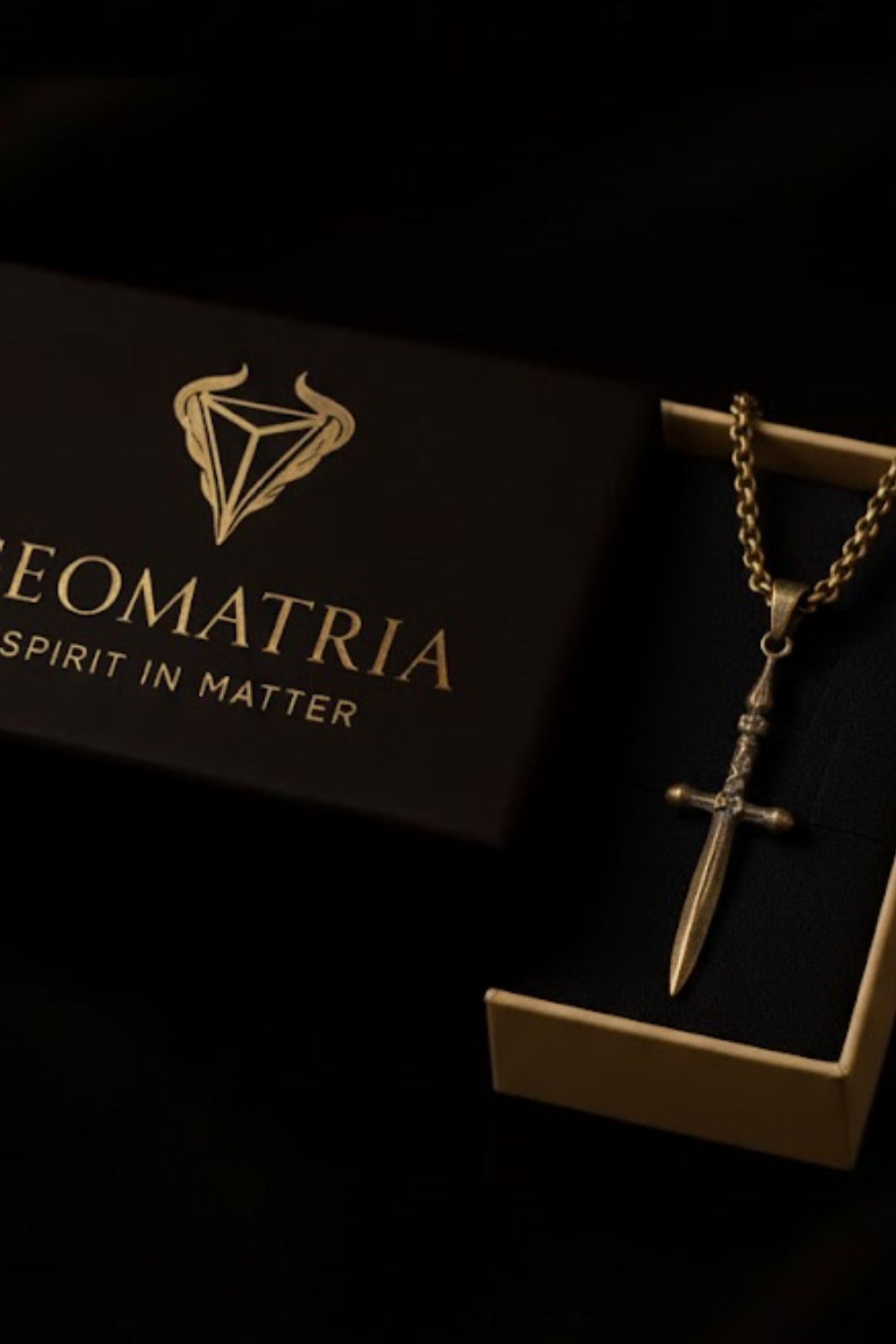 A gold-colored necklace with a cross pendant is displayed in a black box with gold lettering, against a dark background.