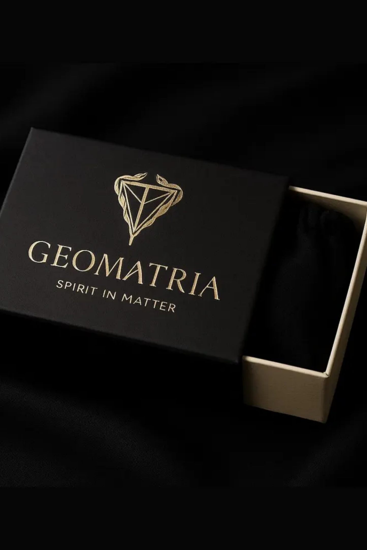 A black box with a gold logo and text, which appears to be a gift box or packaging for a product.