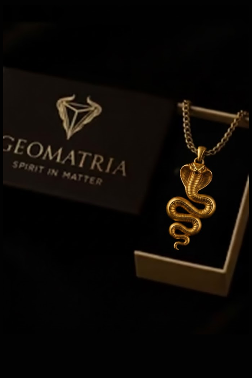 A gold snake pendant necklace is displayed in a black box with the Geomatria brand name visible.