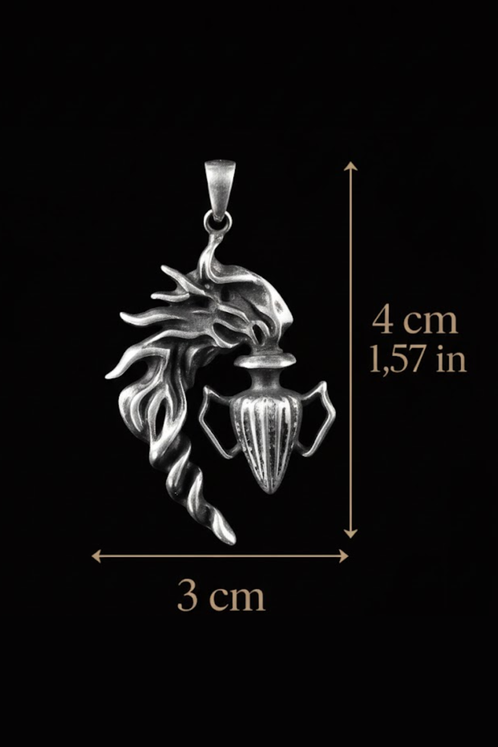 A silver pendant in the shape of a stylized fish or sea creature, with a flame-like design, against a black background.