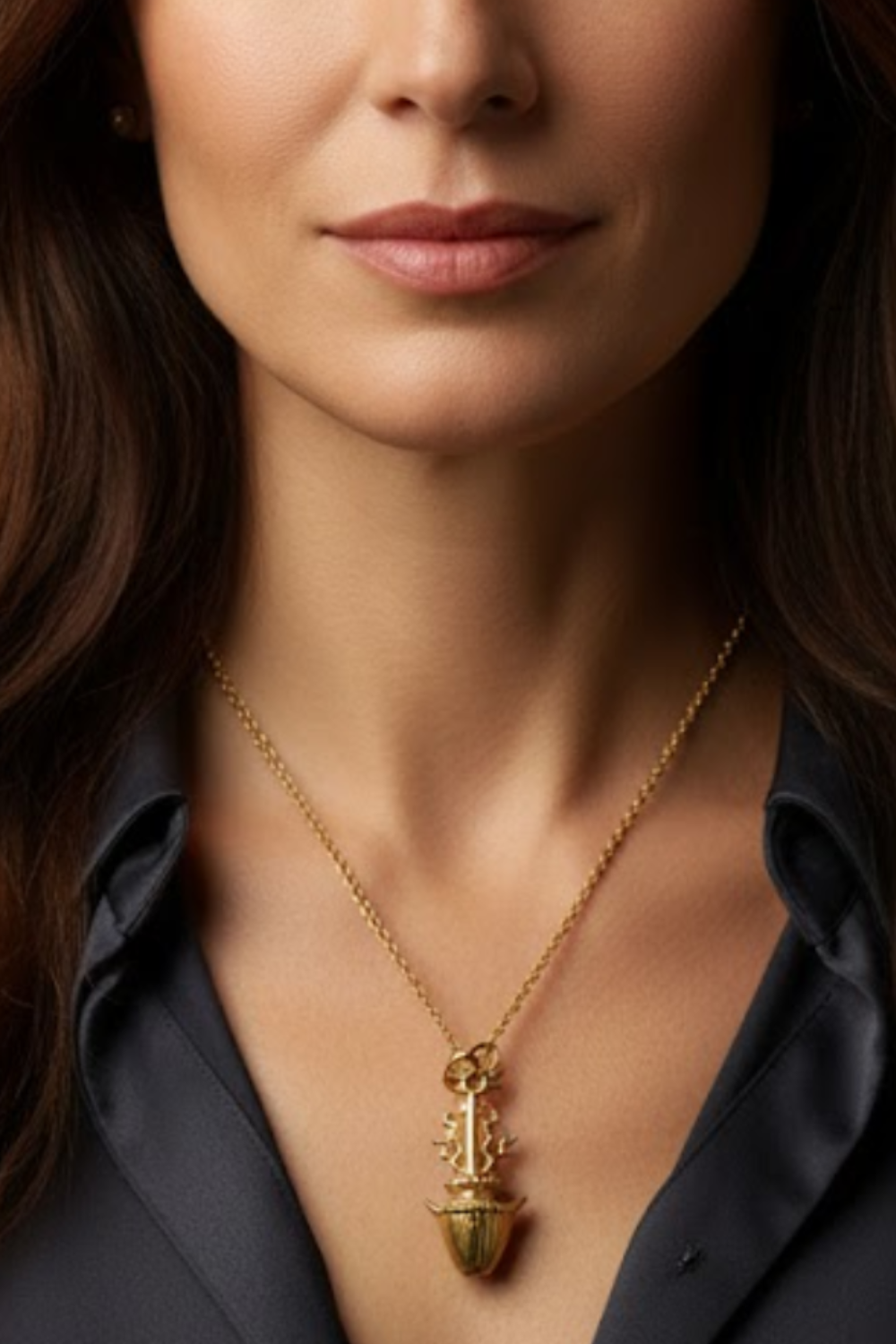 A close-up of a woman's neck and chest area, with a gold necklace featuring a pendant hanging from her neck.