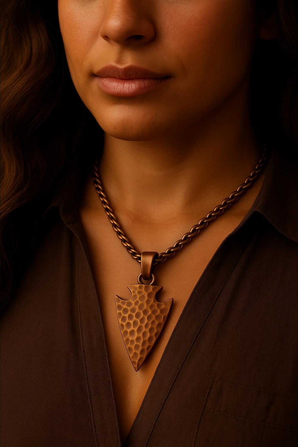 A close-up of a woman's neck and chest area, with a pendant necklace featuring a unique arrowhead design.