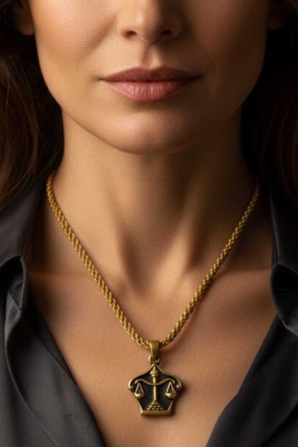 A close-up of a woman's neck and chest area, with a gold chain necklace and a pendant featuring a symbol of justice.