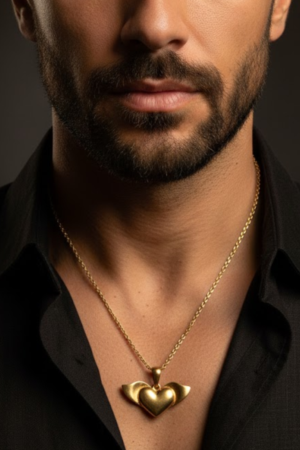 A close-up of a man's neck and chest area, with a gold necklace featuring a heart-shaped pendant.