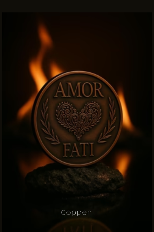 a close-up of a shiny, metallic coin with the words "AMOR FAMI" inscribed on it, set against a backdrop of a flickering fire.