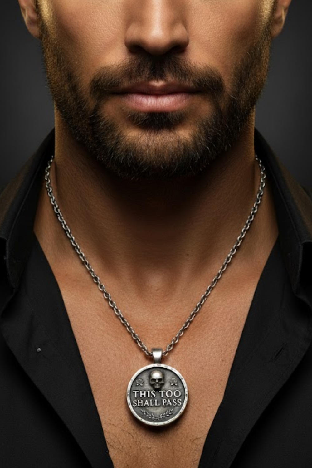 A close-up of a man's neck and chest area, with a silver pendant necklace featuring a skull and crossbones design.
