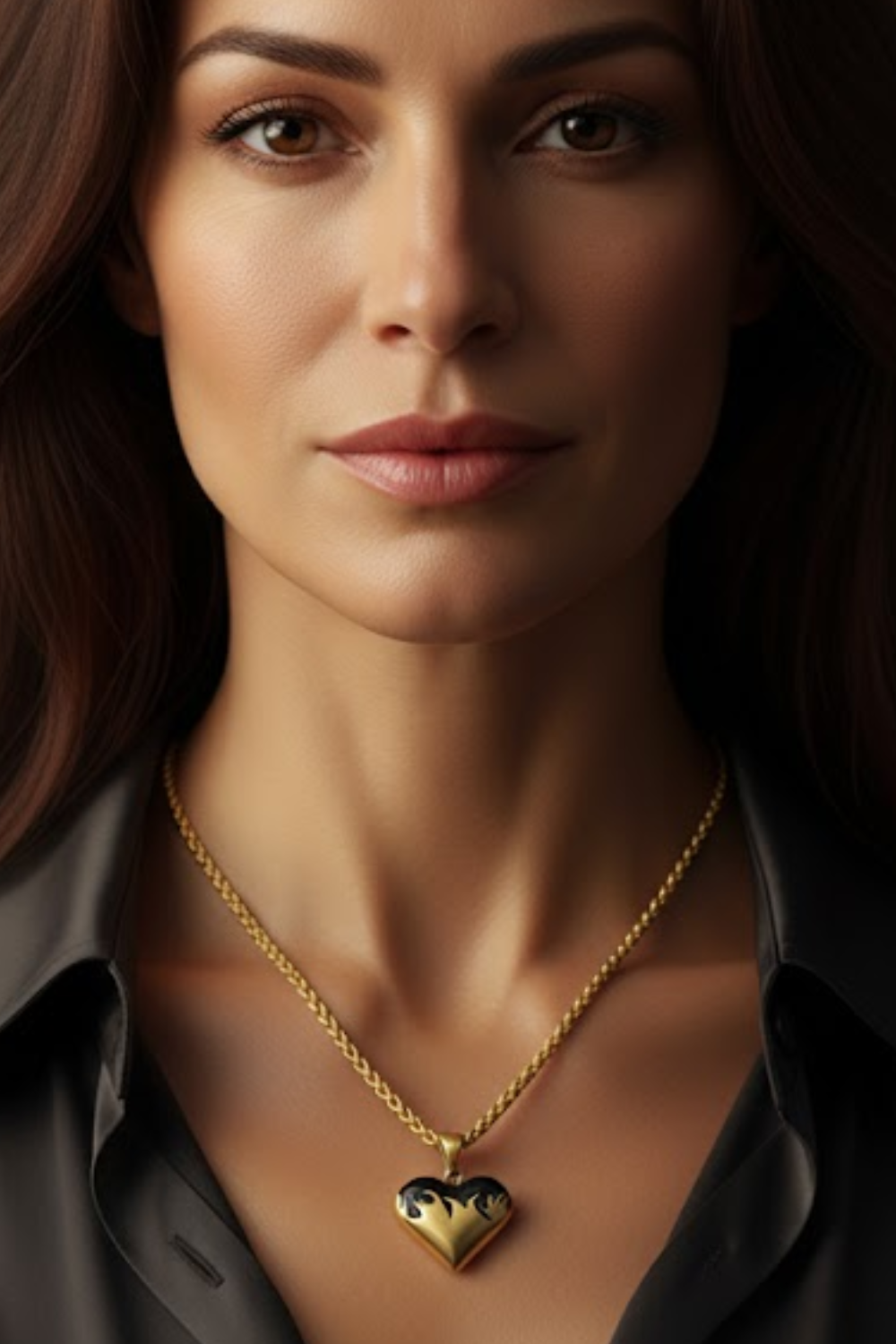 A close-up portrait of a woman with long brown hair, wearing a black jacket and a gold necklace with a heart-shaped pendant.