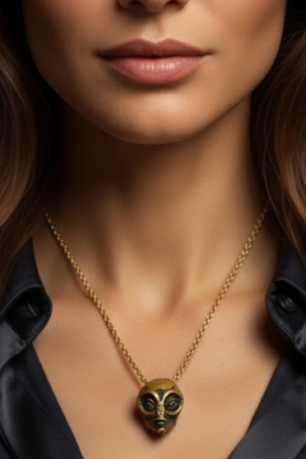 A close-up of a woman's neck and chest area, with a gold-colored necklace featuring a pendant with an alien or alien-like face design.