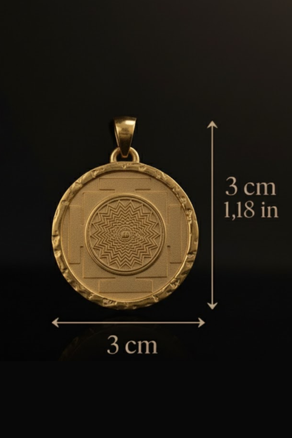 A gold-colored pendant with a geometric design, possibly a symbol or emblem, is shown against a black background.