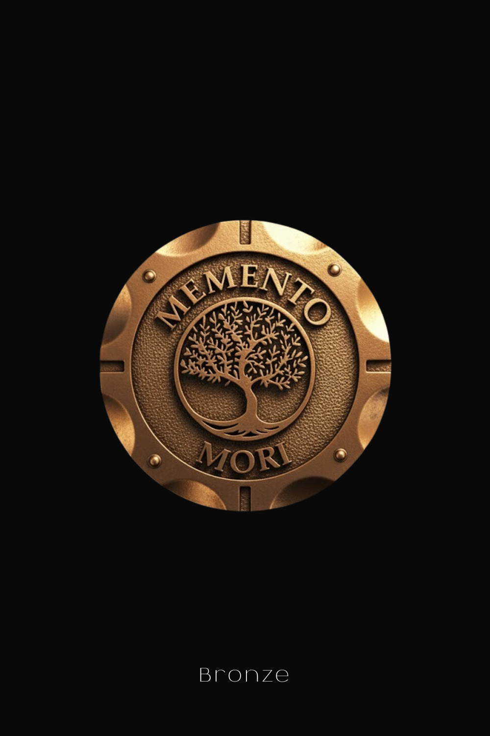 The image is a bronze medallion with the text "MEMENTO MORI" and a tree design.