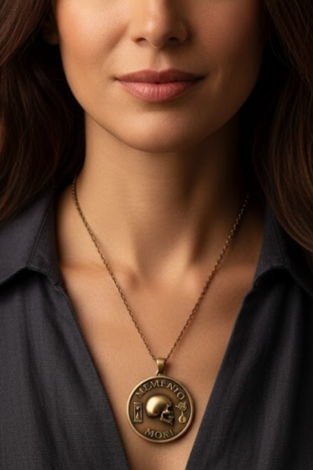 A close-up of a woman's neck and chest area, with a gold-colored pendant necklace featuring a circular medallion with the text "Memento mori" inscribed on it.