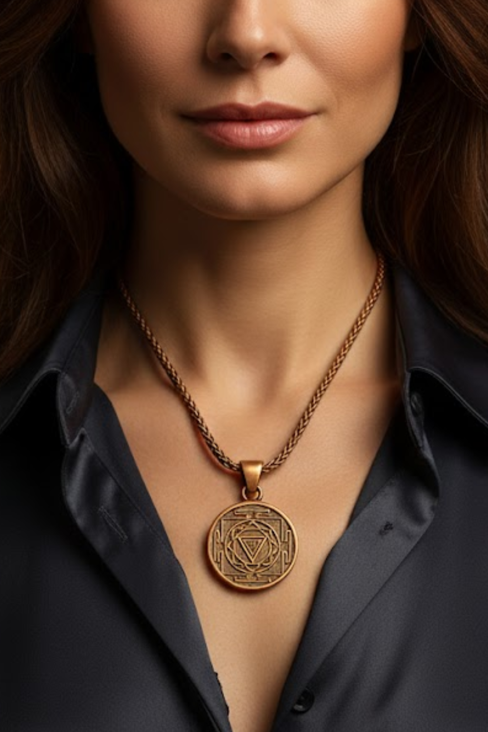 A close-up of a woman's neck and chest area, with a gold-colored pendant necklace featuring a circular medallion with an intricate design.