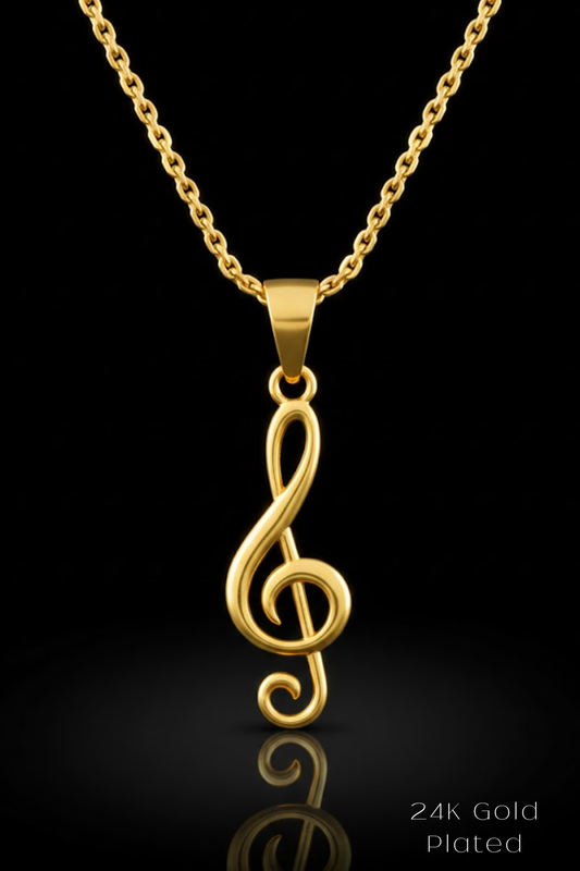 A gold-colored musical note pendant with a chain is displayed against a black background.
