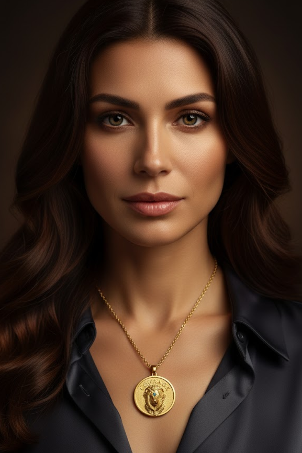 A woman with long brown hair wearing a necklace with a large pendant, looking directly at the camera with a serious expression.
