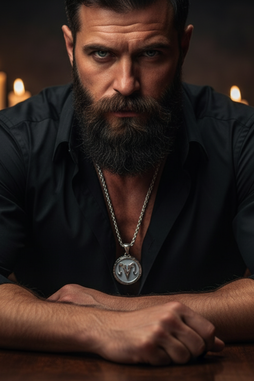 A man with a beard wearing a black shirt and a necklace with a pendant is sitting at a table with his hands crossed.