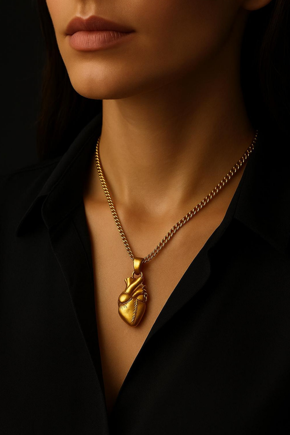A close-up of a woman wearing a gold necklace with a heart-shaped pendant.