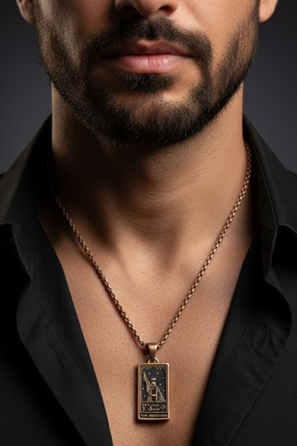 A close-up of a man's neck and chest area, with a gold-colored necklace featuring a pendant.