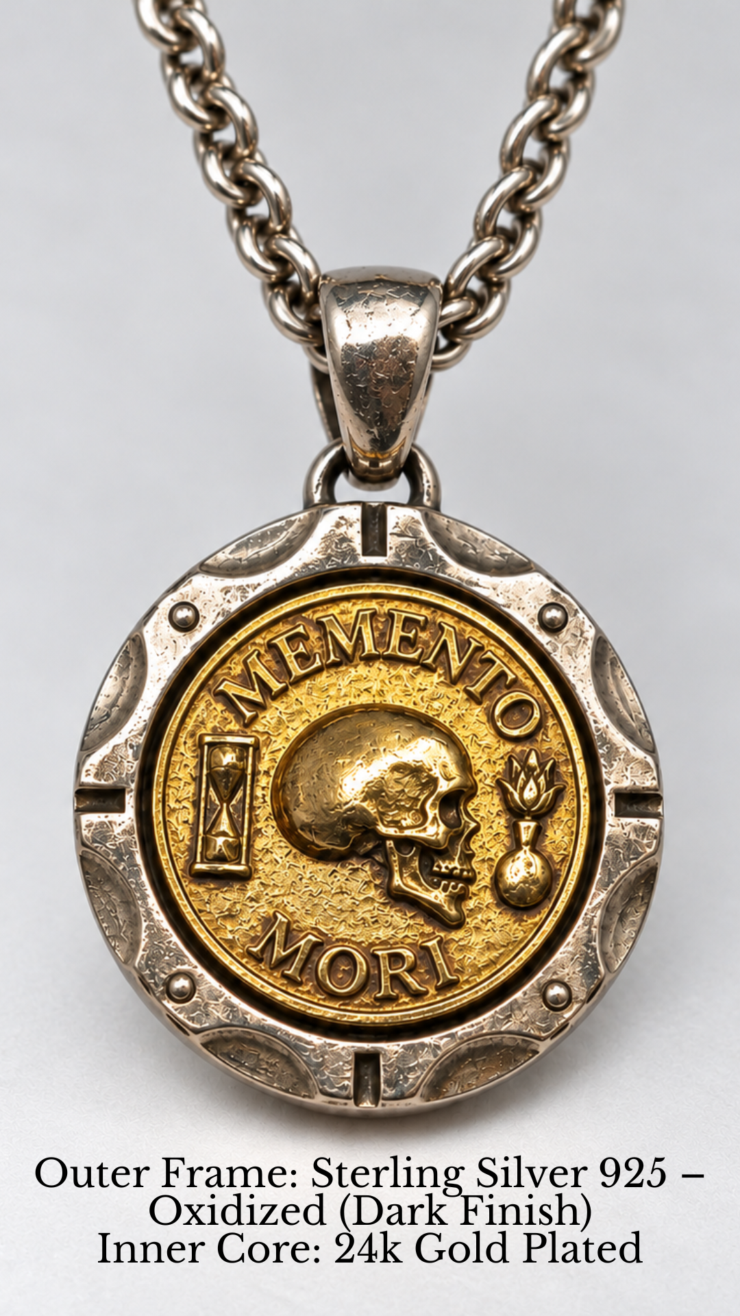 Collar Memento Mori - Colgante de metal dual | Símbolo de vida, muerte y conciencia | Hecho a mano en plata de ley 925 y bronce