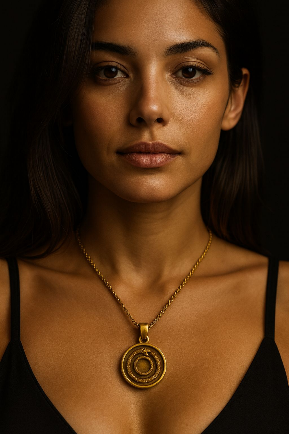 A close-up portrait of a woman wearing a black top and a gold necklace with a pendant.
