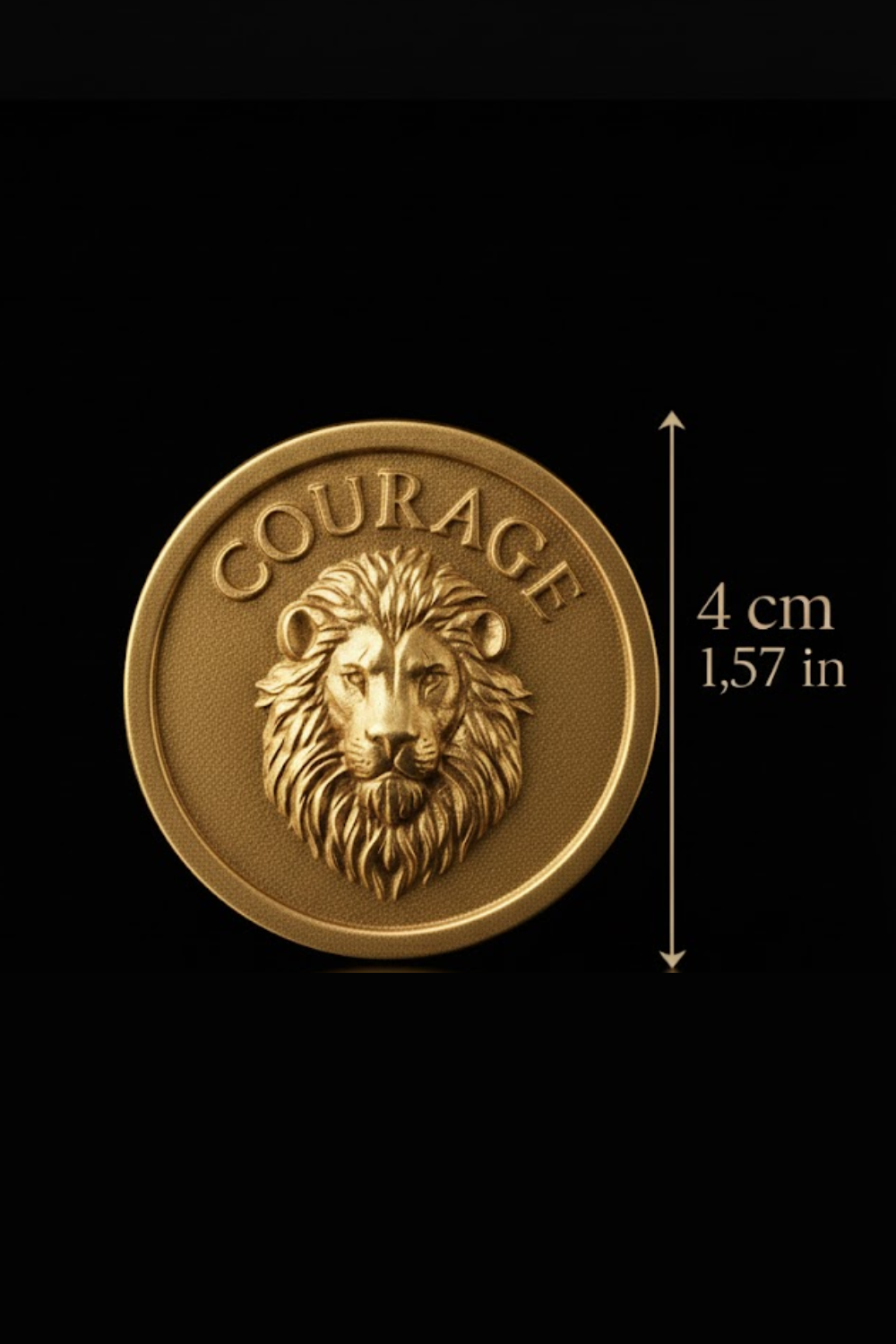 The image is a gold-colored coin with the word "COURAGE" embossed on it.