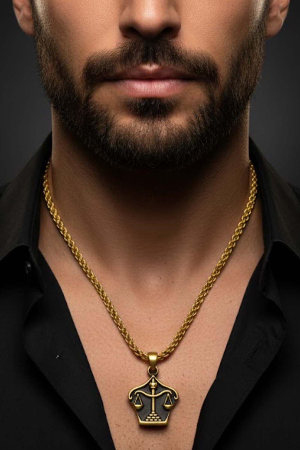 A close-up of a man's neck and chest area, with a gold chain necklace and a pendant featuring a symbol.