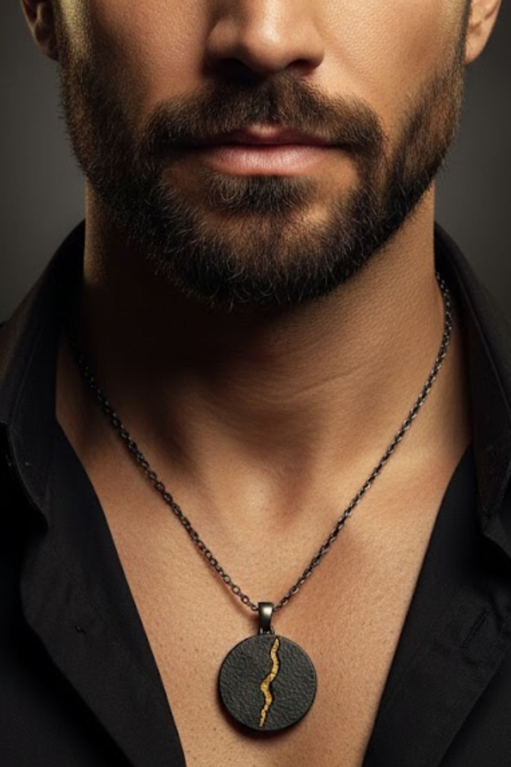 A close-up of a man's neck and chest area, with a necklace featuring a pendant hanging from his neck.