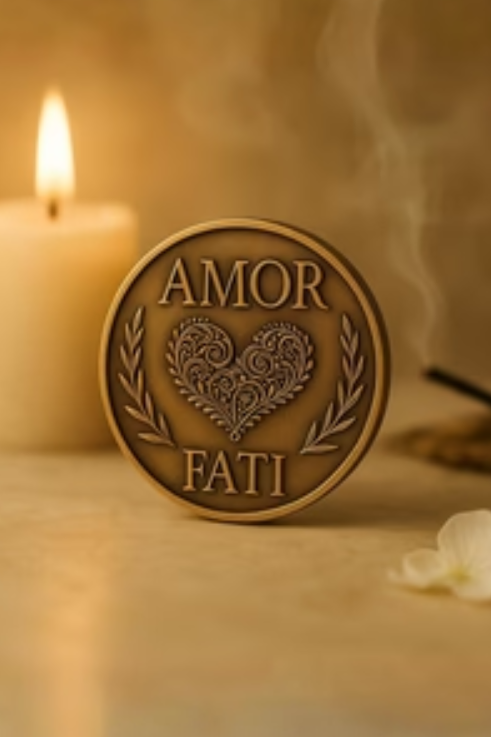 a close-up of a decorative coin or medallion with the words "Amor Fati" inscribed on it, placed on a surface with a lit candle and a small white flower in the background.