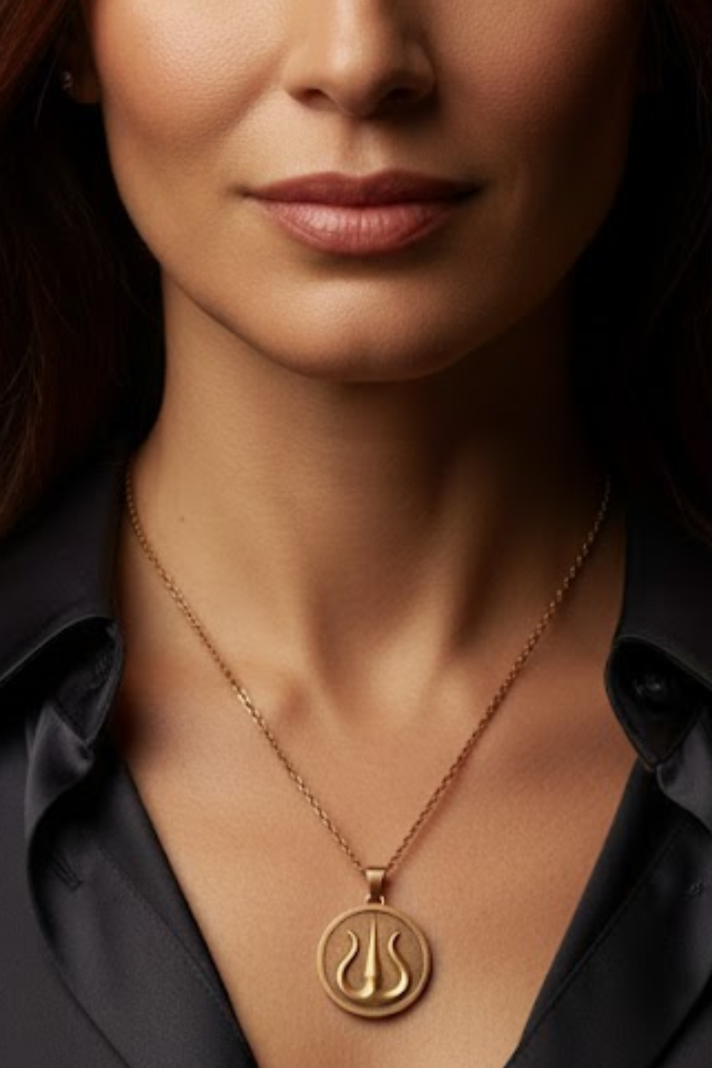 A close-up of a woman's neck and chest area, with a gold necklace featuring a pendant.