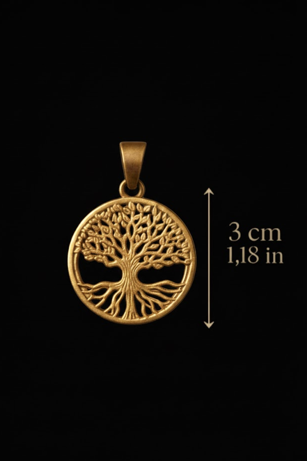 A gold-colored pendant in the shape of a tree with intricate leaf patterns, against a black background.
