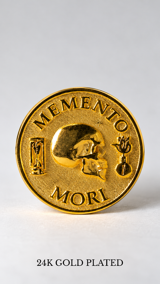 Memento Mori Coin | Symbol of Mortality, Wisdom & Presence | Handmade in 925 Sterling Silver, 24K Gold Plated, Bronze, Copper