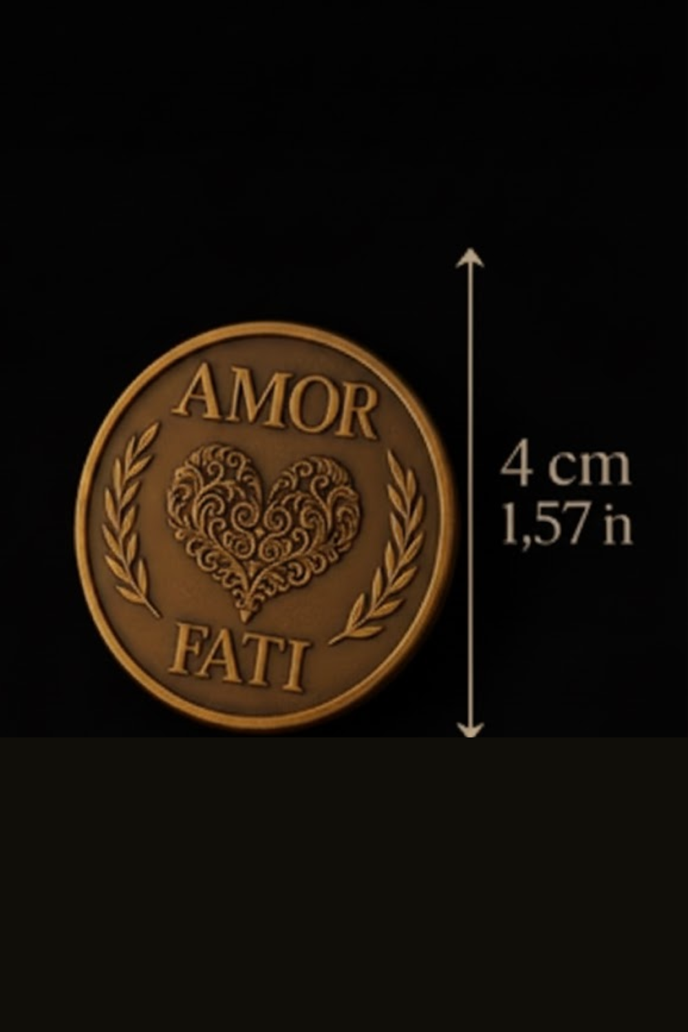 The image is a close-up of a gold-colored coin with the words "AMOR FAMI" and "FAMI" engraved on it. The coin is approximately 4 centimeters in diameter, as indicated by the text "4 cm 1,57 h" next to it.