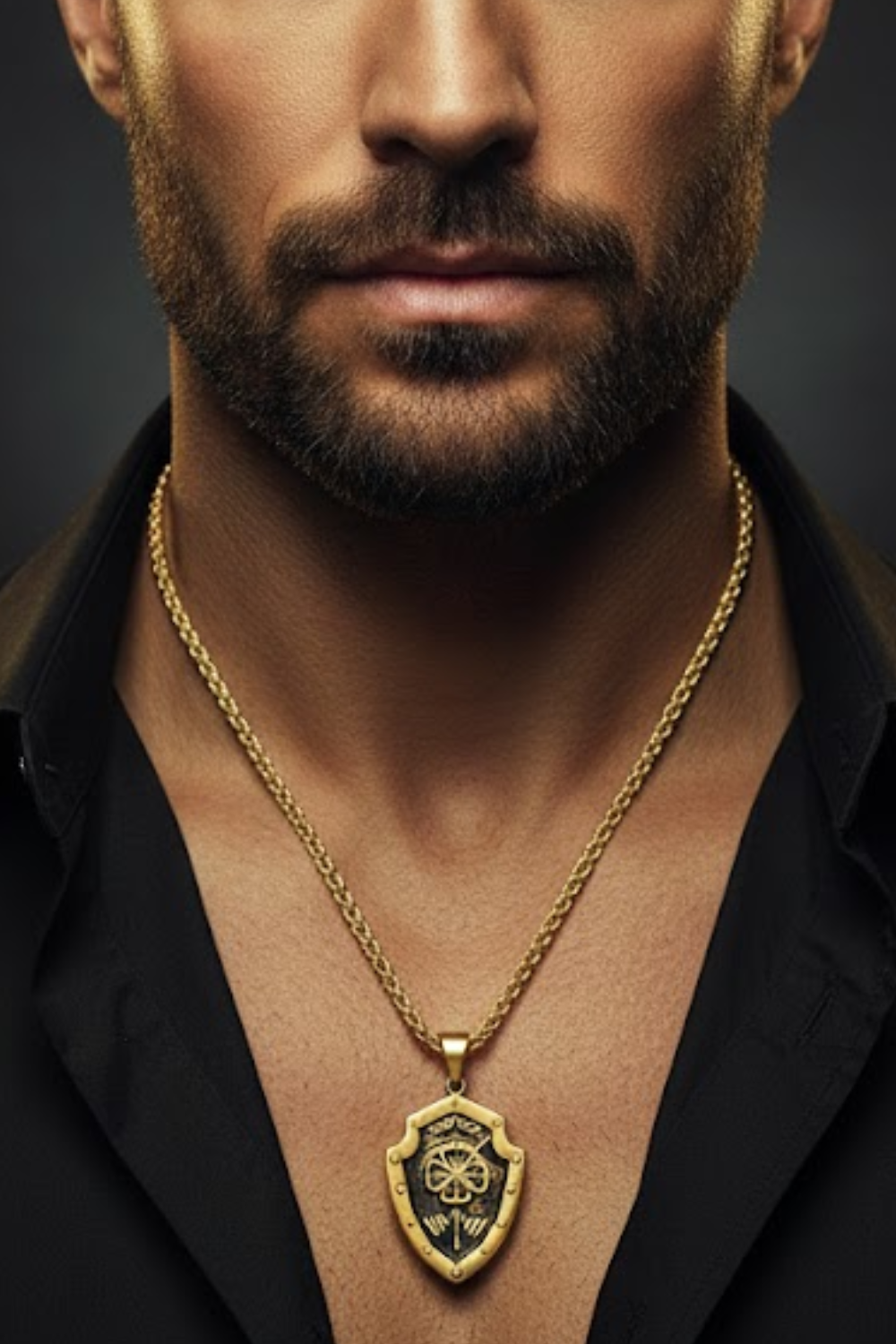 A close-up of a man's neck and chest area, with a gold chain necklace and a pendant featuring a shield design.