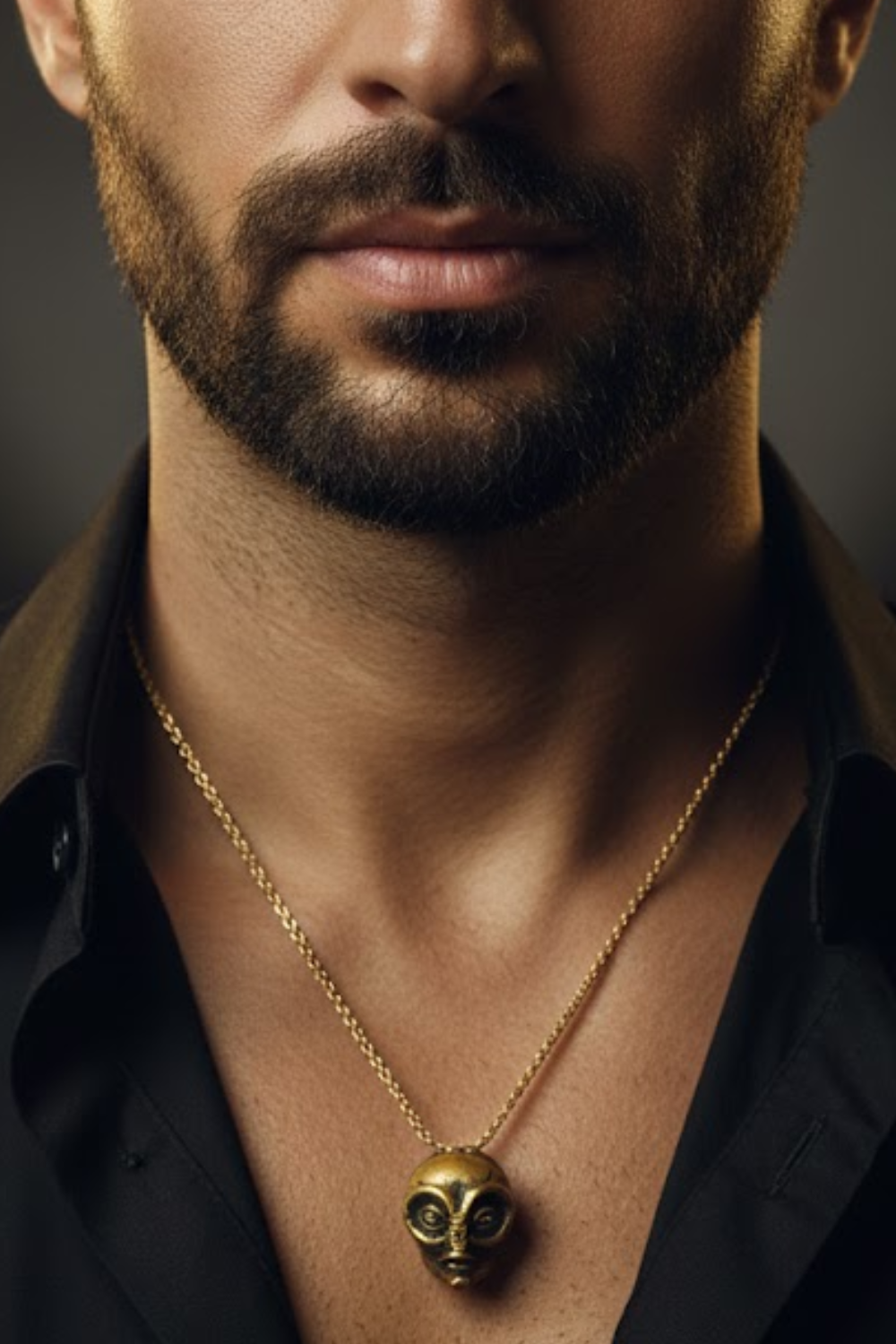 A close-up of a man's neck and chest area, with a gold necklace featuring a pendant hanging around his neck.