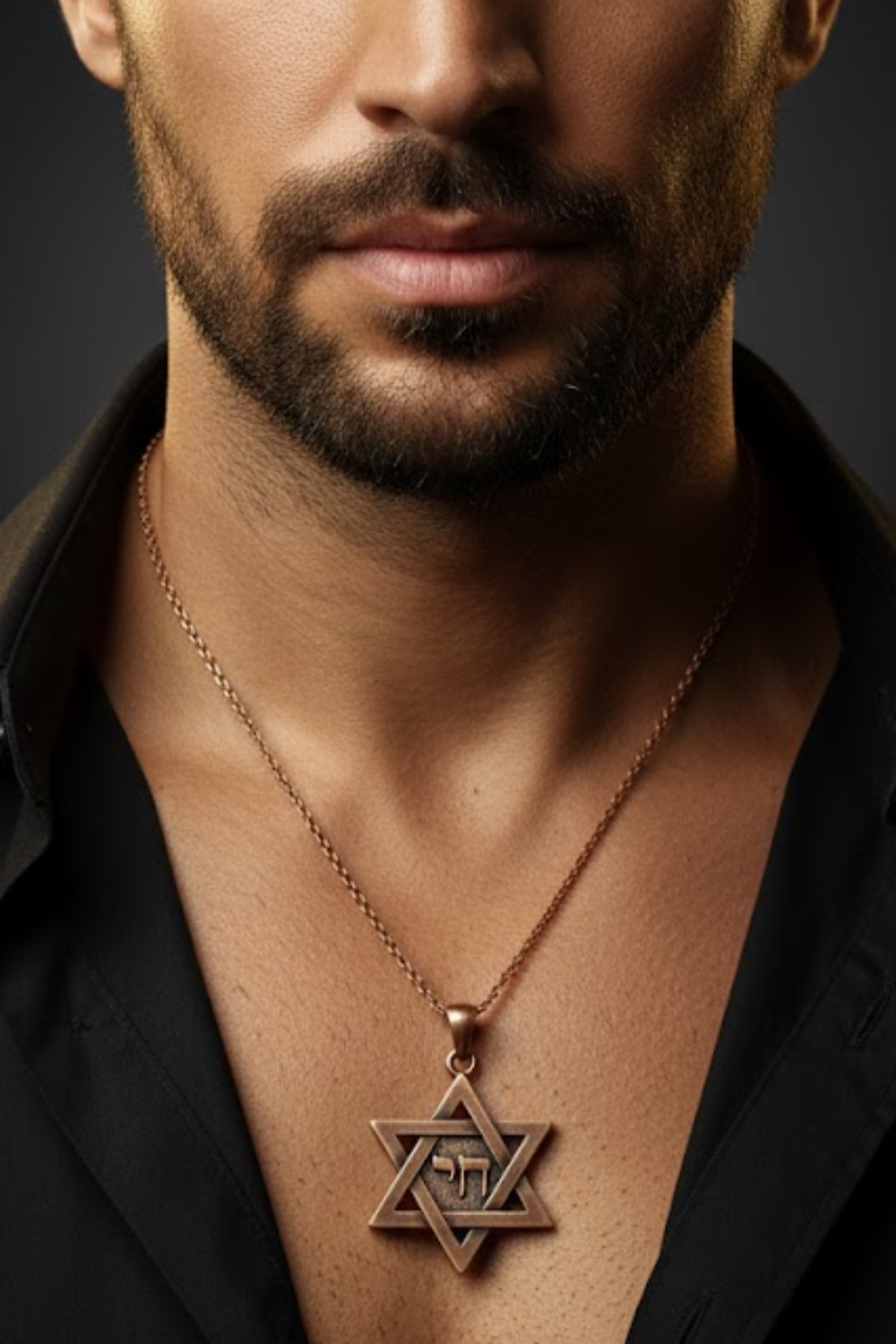 A close-up of a man's neck and chest area, with a necklace featuring a Star of David pendant.