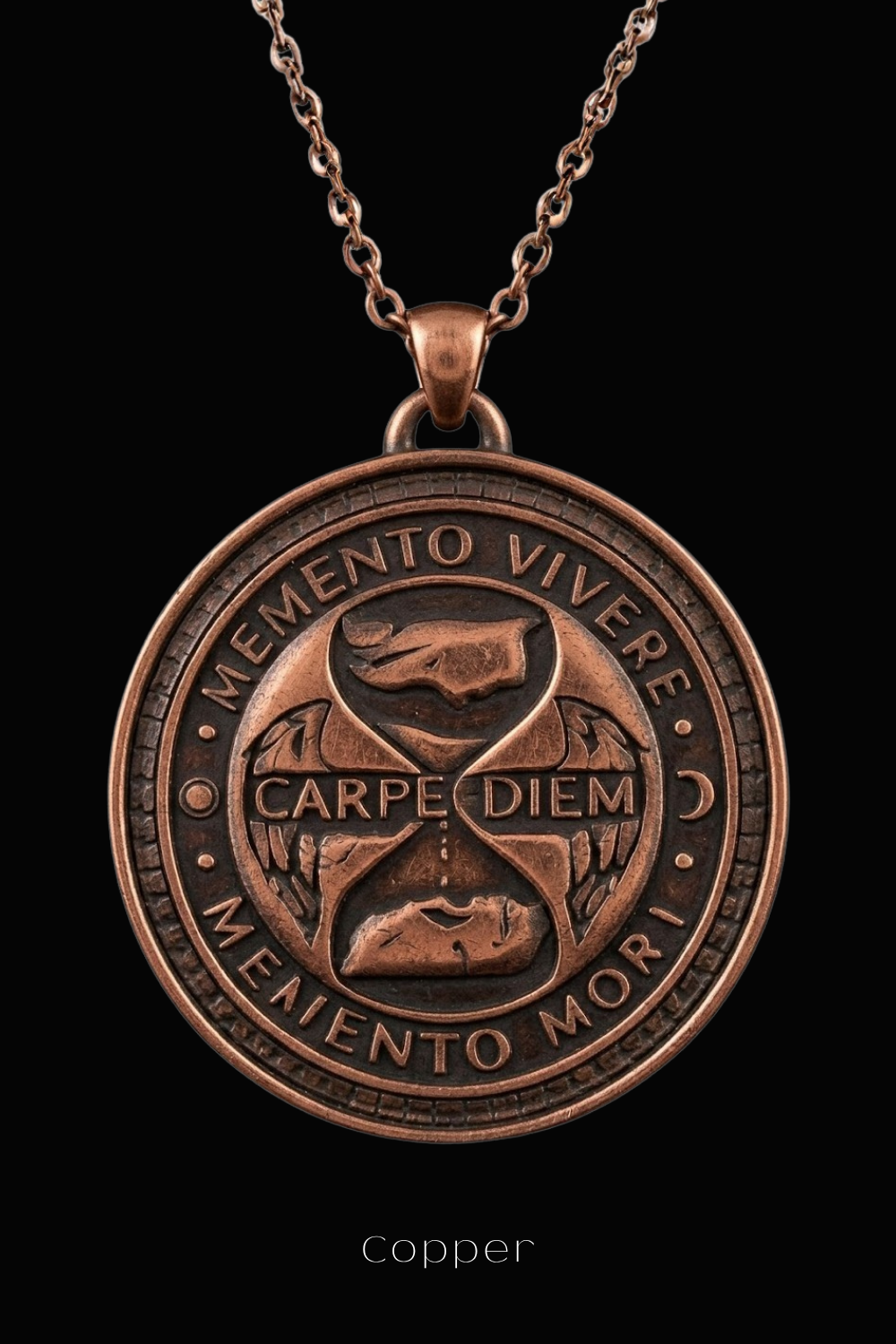 A copper-colored pendant necklace with a circular medallion featuring the Latin motto "Memento ViberE" and the words "Carpe Diem" and "Memento mori" inscribed on it.