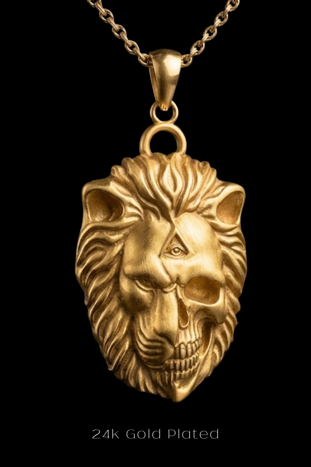A gold-plated pendant in the shape of a lion's head with a skull-like design, suspended from a chain.