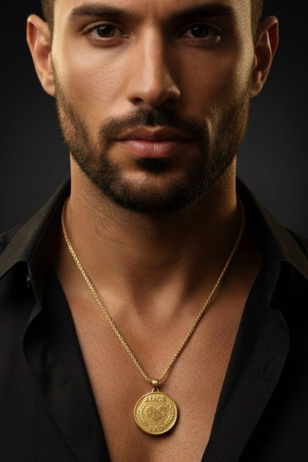 A close-up portrait of a man with a beard wearing a gold necklace with a large pendant.