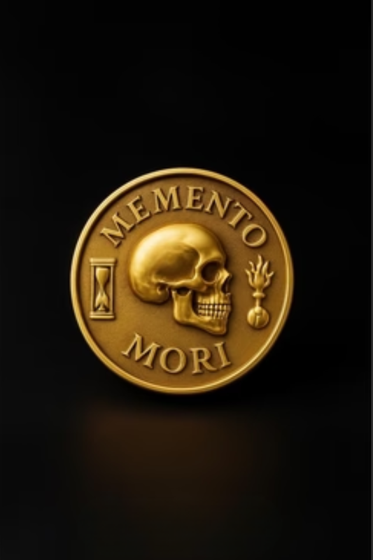 a gold-colored coin with a skull and the Latin phrase "MEMENTO MORI" (Memento mori) embossed on it.