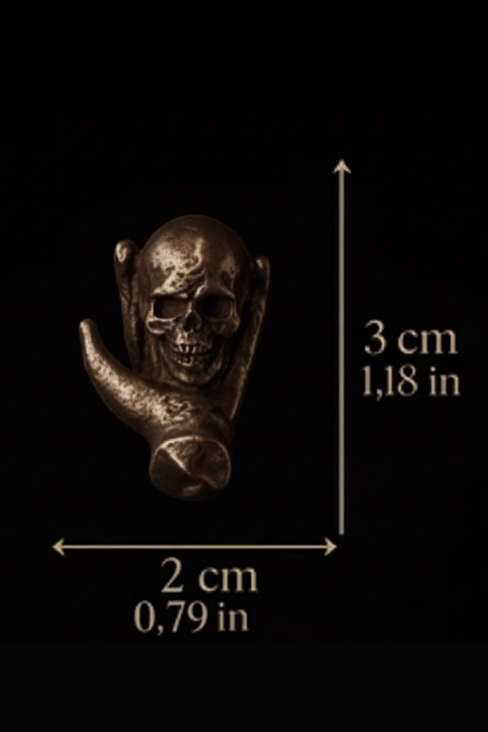 a skull with a horn, and it is approximately 2.79 centimeters in length.
