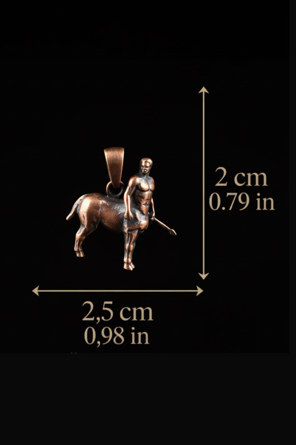 a small bronze statue of a man on a rearing horse, with dimensions provided in centimeters.