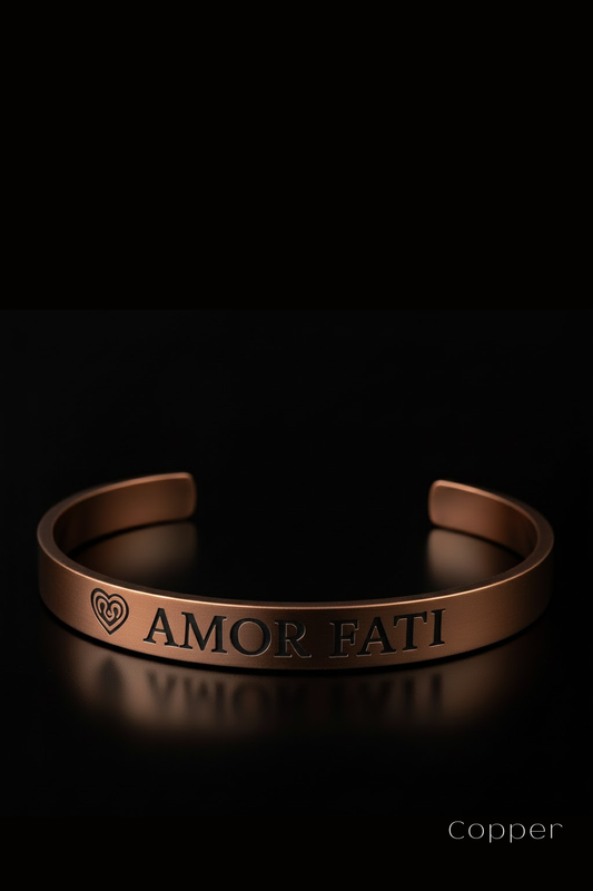 A copper bracelet with the engraved text "Amor Fati" on it, set against a black background.