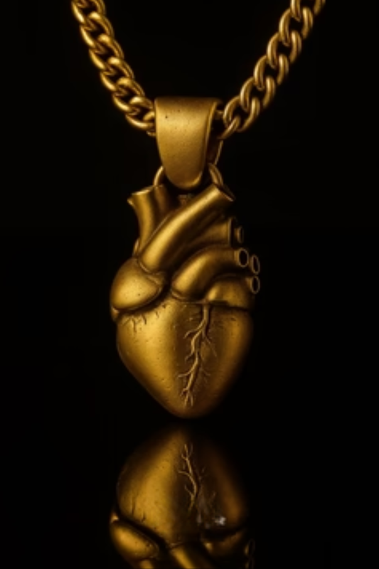 A gold-colored heart-shaped pendant with intricate details, suspended from a chain against a black background.