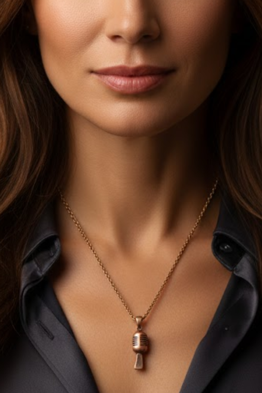 A close-up of a woman's neck and chest area, with a gold necklace featuring a pendant.