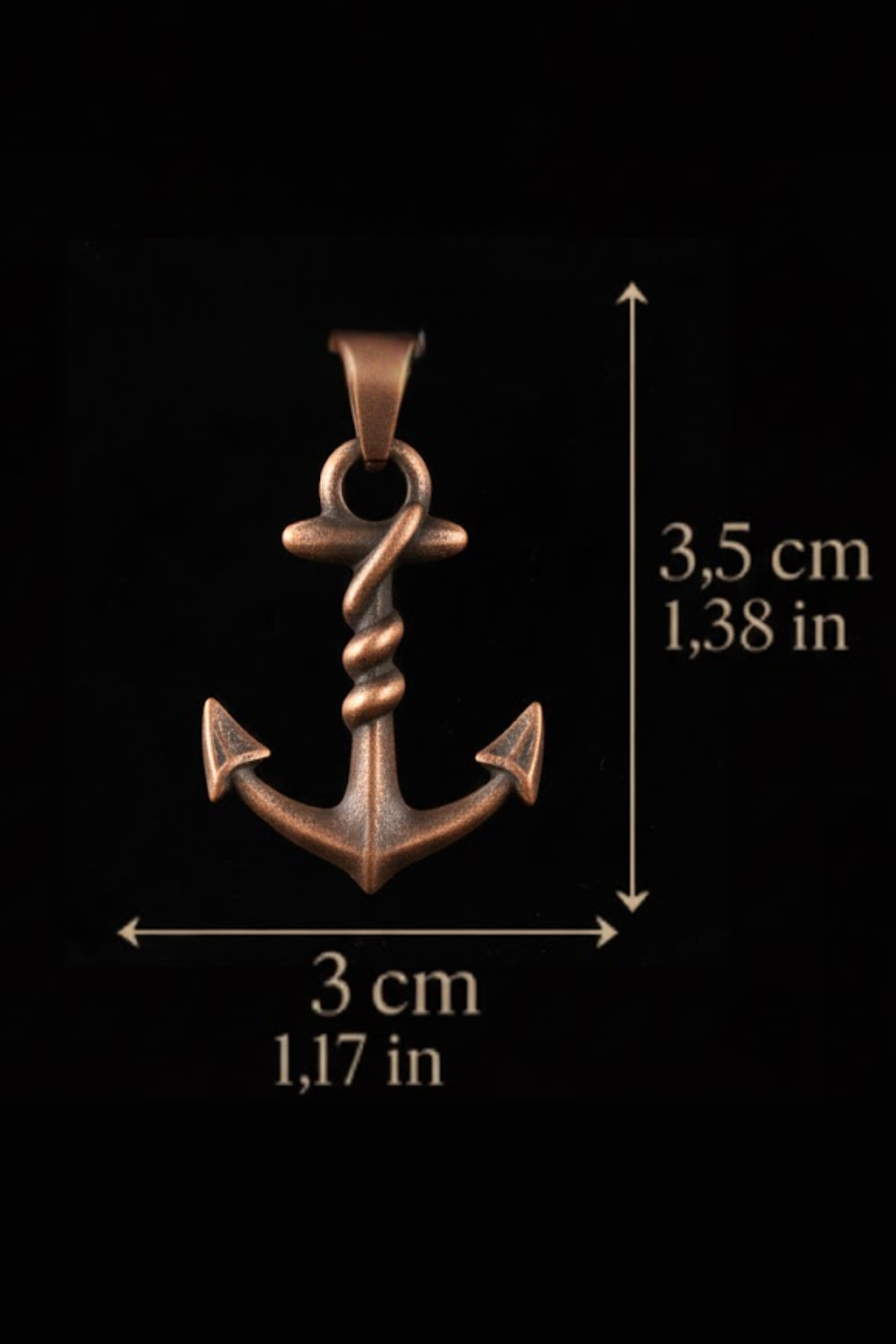 a copper-colored anchor pendant with a twisted design, and it is approximately 3.5 cm in length.