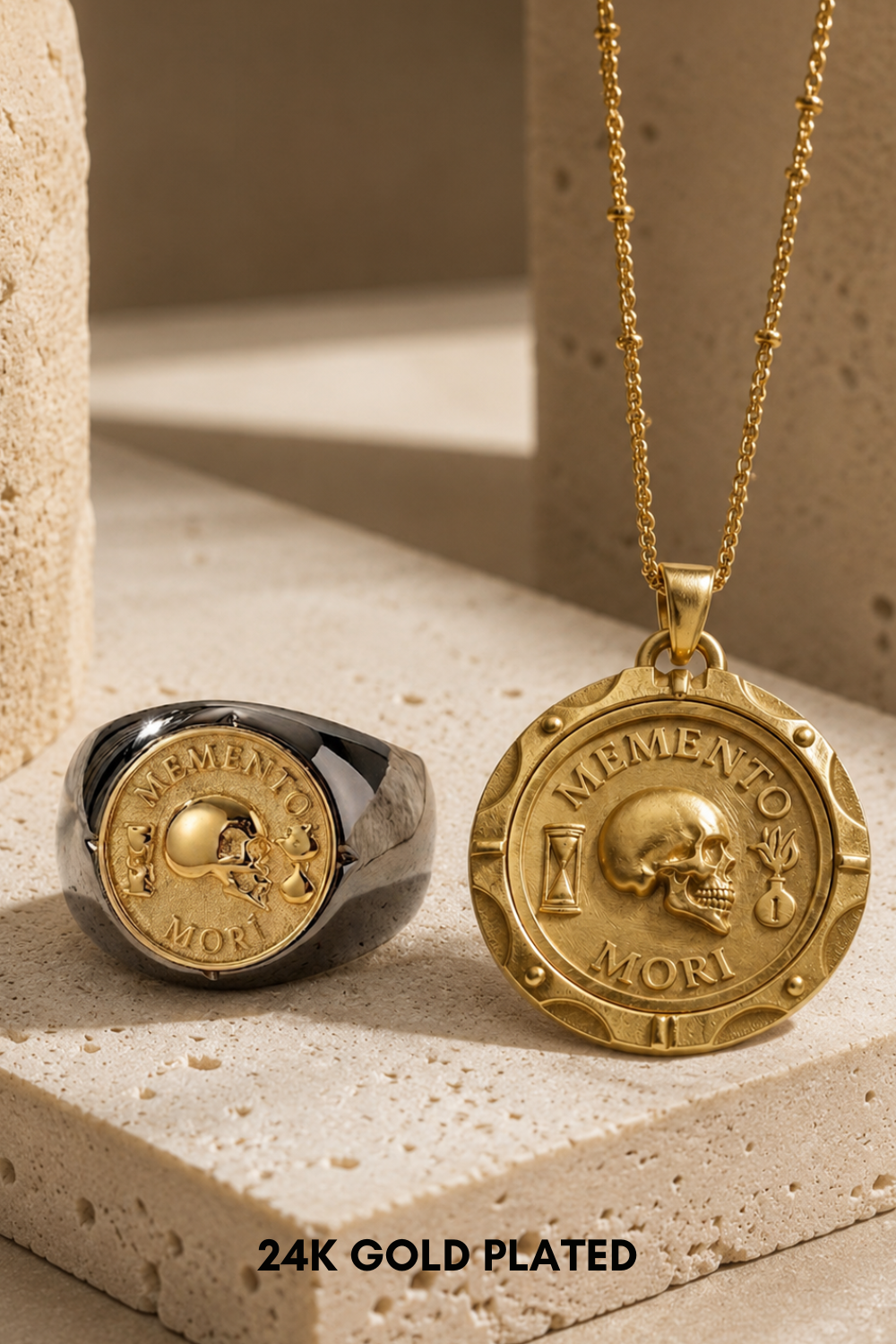 Memento Mori Set | Dual Metal Pendant & Ring | Handmade in 925 Sterling Silver & Bronze