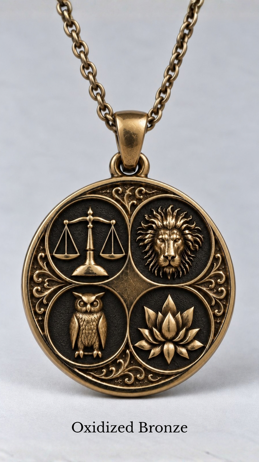 Collar con colgante de las virtudes estoicas | Colgante con símbolo de la filosofía antigua | Hecho a mano en plata de ley 925, chapado en oro de 24k, cobre, bronce