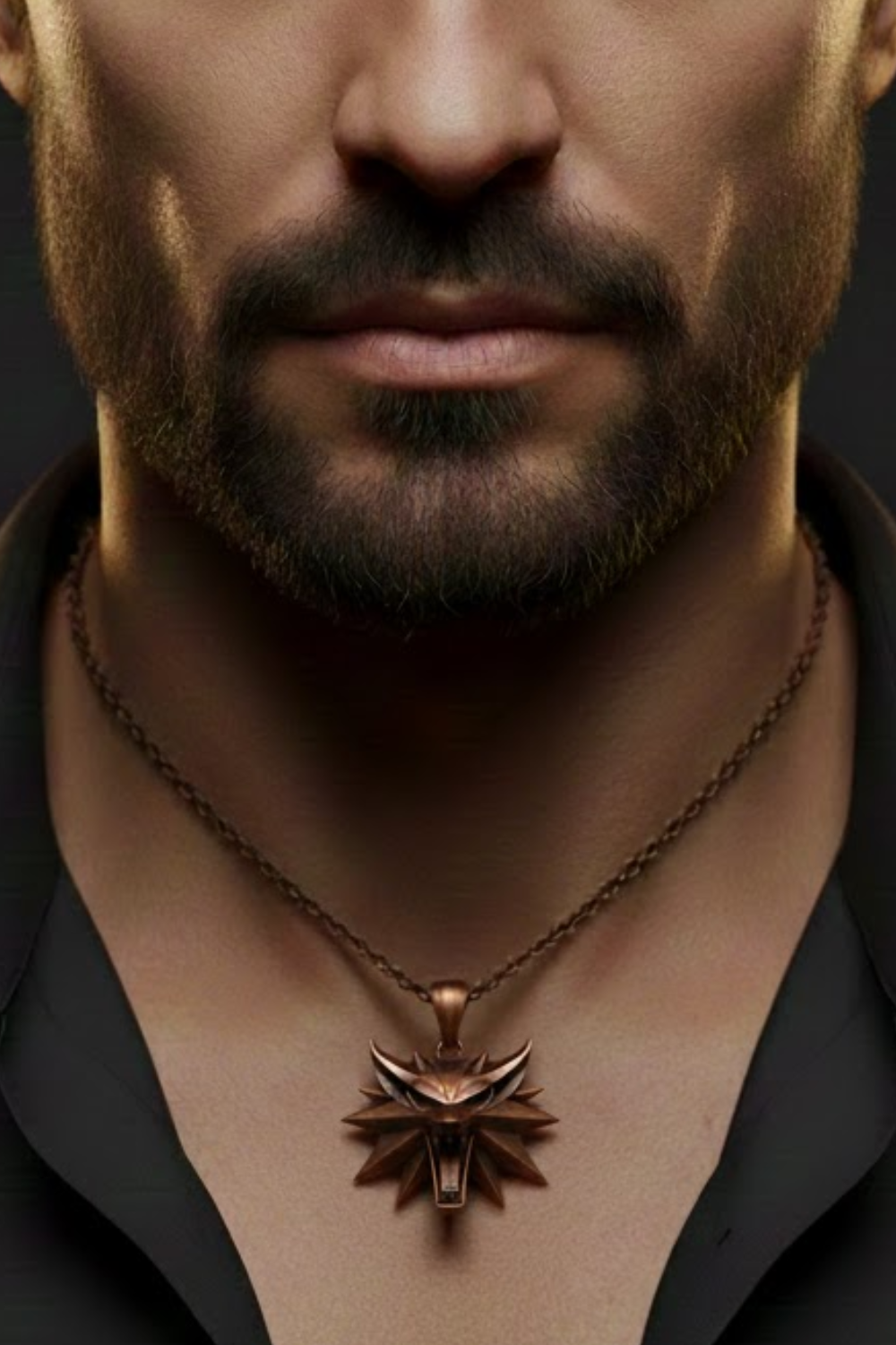 A close-up of a man's neck and chest area, with a pendant featuring a wolf head design hanging from a chain around his neck.